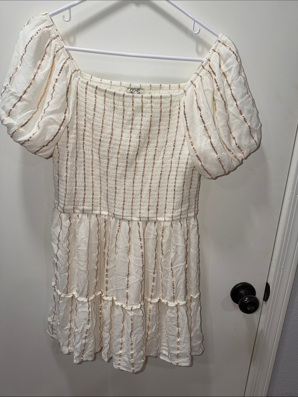 Cream Puff-Sleeve Mini Dress with Gold Stripe Accents